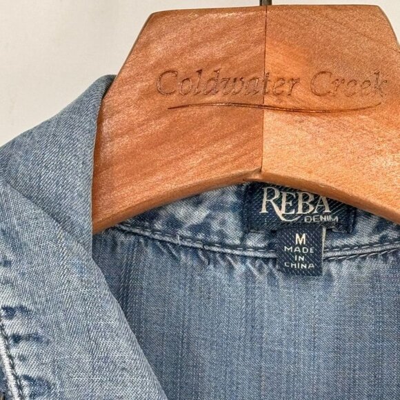 Reba Denim Embroidered Western Shirt Dress size Medium Tencel Snap Button - Picture 3 of 12
